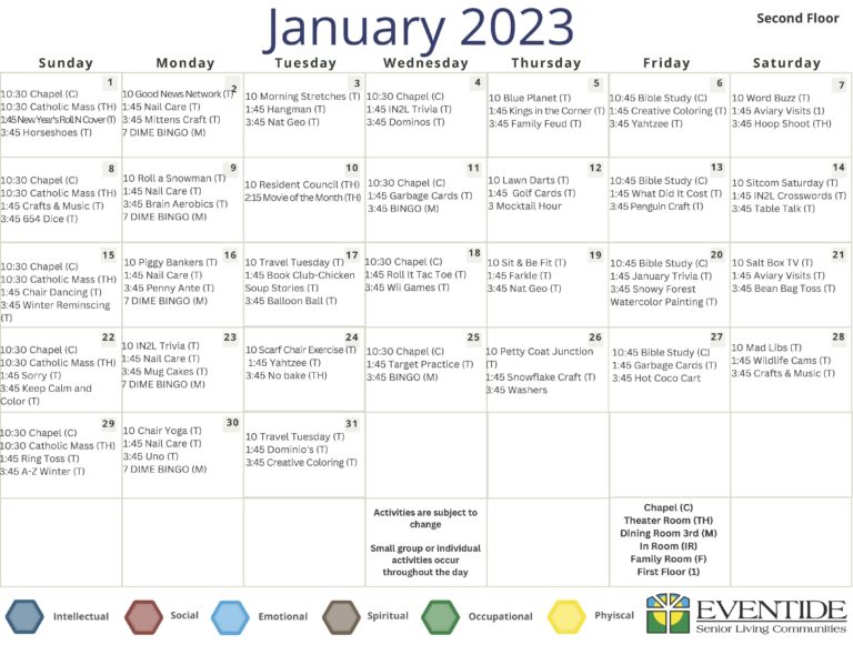Eventide on Eighth Care Center Calendar 2nd floor Jan23