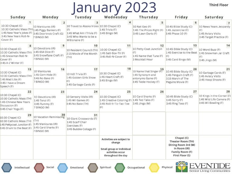 Eventide on Eighth Care Center Calendar 3rd floor Jan23